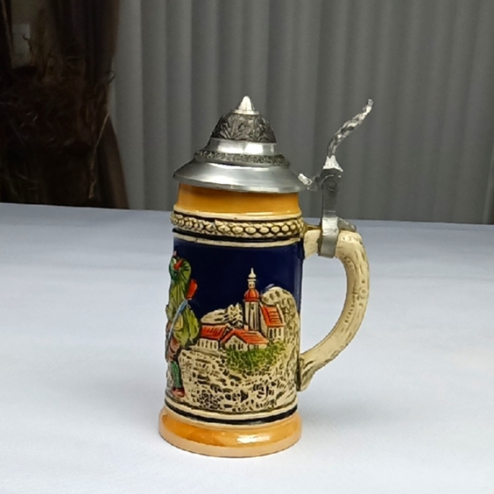 German Ceramic Beer Stein with Lid - Multicolor